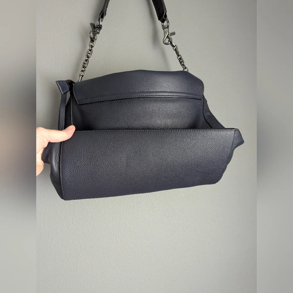 Botkier Blue Leather Shoulder Bag With Adjustable Metal Chain Link Strap.